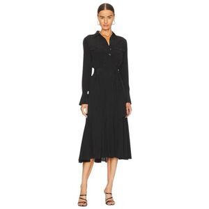 Equipment Silk Long Sleeve Belted Midi Dress Collar Pockets Black XS Retail $550